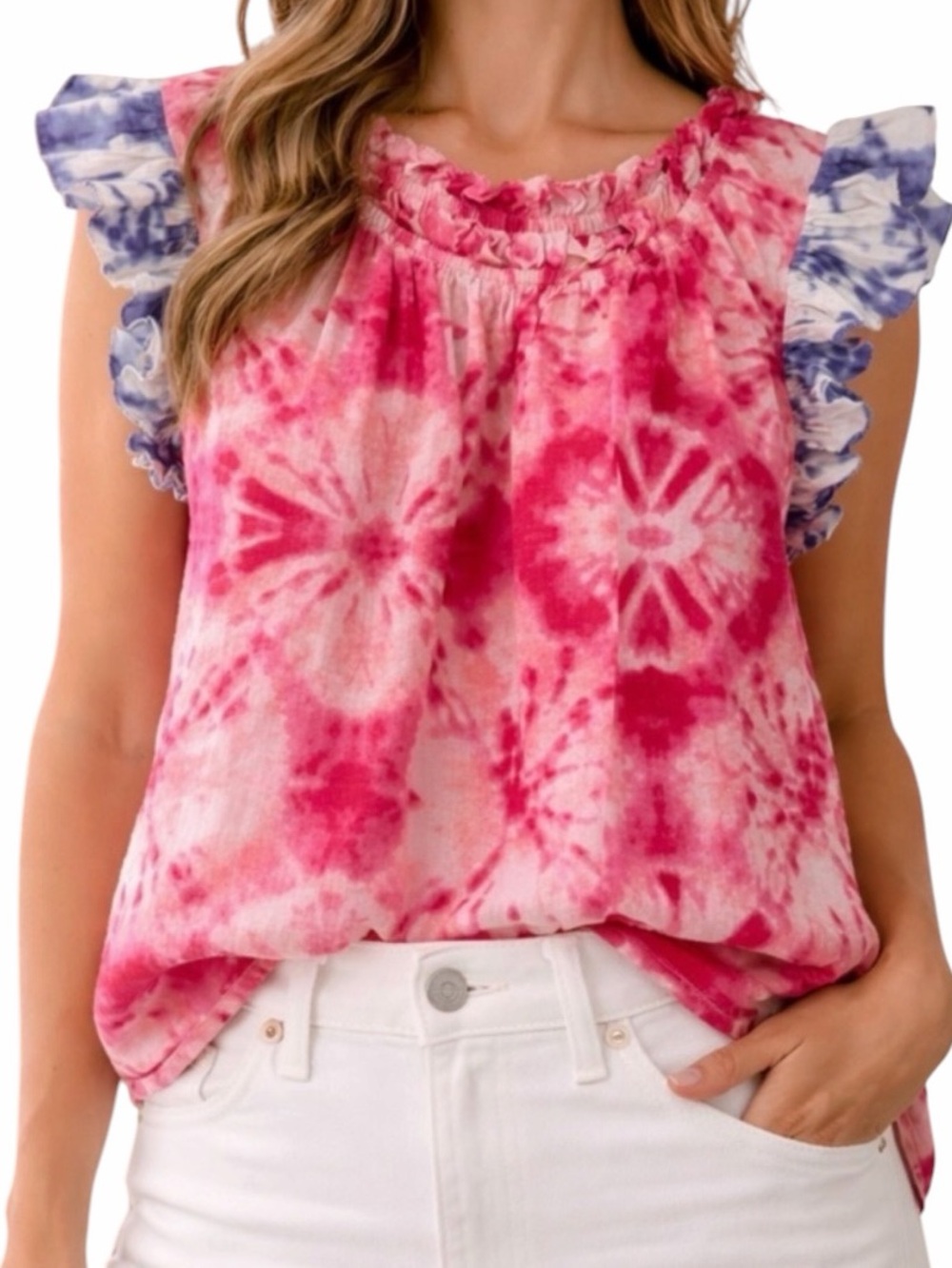 THML Pink/Purple Cotton Tie-Dye Ruffle Sleeve Smocked Neckline Blouse S